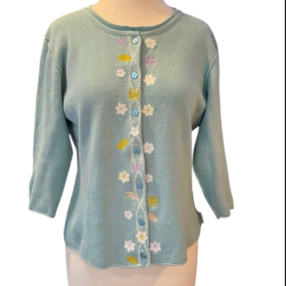 Woolrich Mint Green 3/4 Length Sleeves Floral Embroidered Button Up Medium
